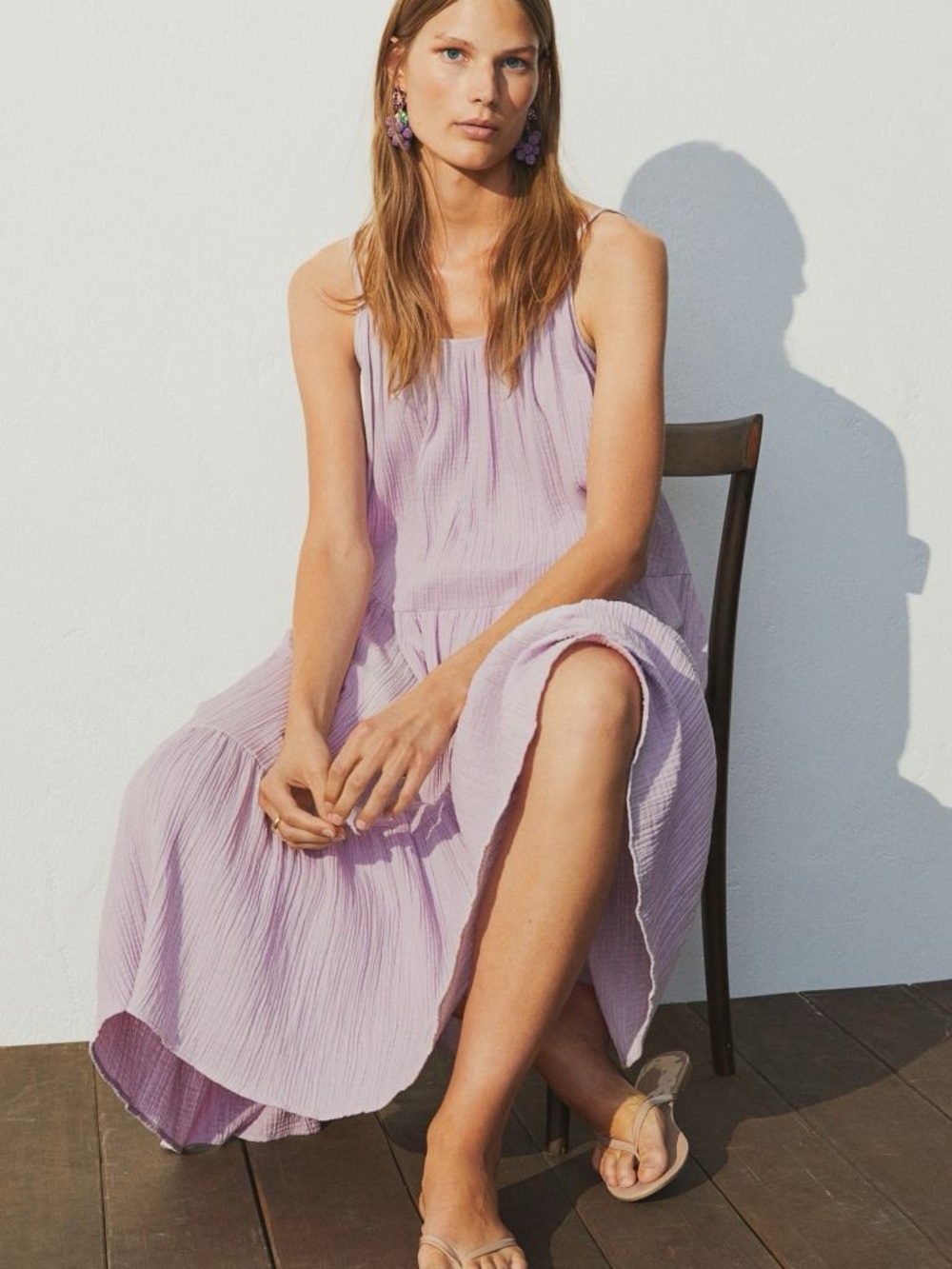 H&M Soft Lavender Tiered Crinkled Maxi Dress
